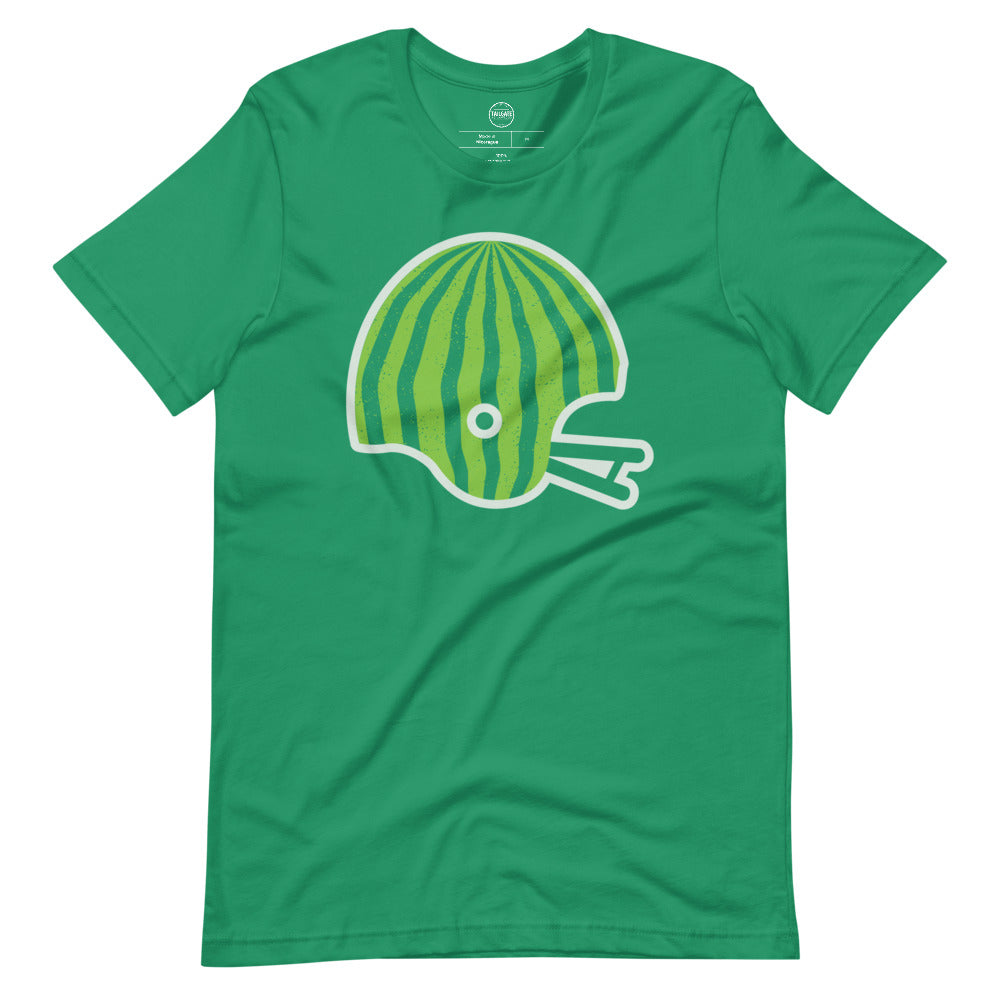 This image details the graphic design of a retro football helmet that looks like the outside of a watermelon. This design is an homage to Saskatchewan Rough Rider fans who often wear watermelons while cheering on their favourite CFL team. This design is exclusive to tailgate mercantile and available only online.