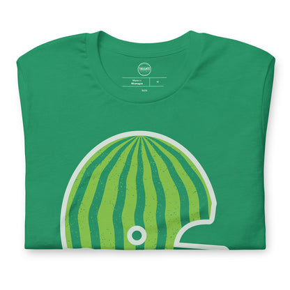 This image details the graphic design of a retro football helmet that looks like the outside of a watermelon. This design is an homage to Saskatchewan Rough Rider fans who often wear watermelons while cheering on their favourite CFL team. This design is exclusive to tailgate mercantile and available only online.