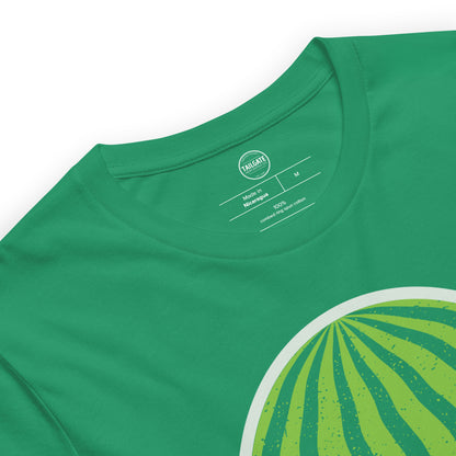 This image details the graphic design of a retro football helmet that looks like the outside of a watermelon. This design is an homage to Saskatchewan Rough Rider fans who often wear watermelons while cheering on their favourite CFL team. This design is exclusive to tailgate mercantile and available only online.