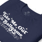 Close up image of navy t-shirt with design of "Take Me Out to the Ballgame" with coordinating musical notes in white located on centre chest. This design is exclusive to Tailgate Mercantile and available only online.