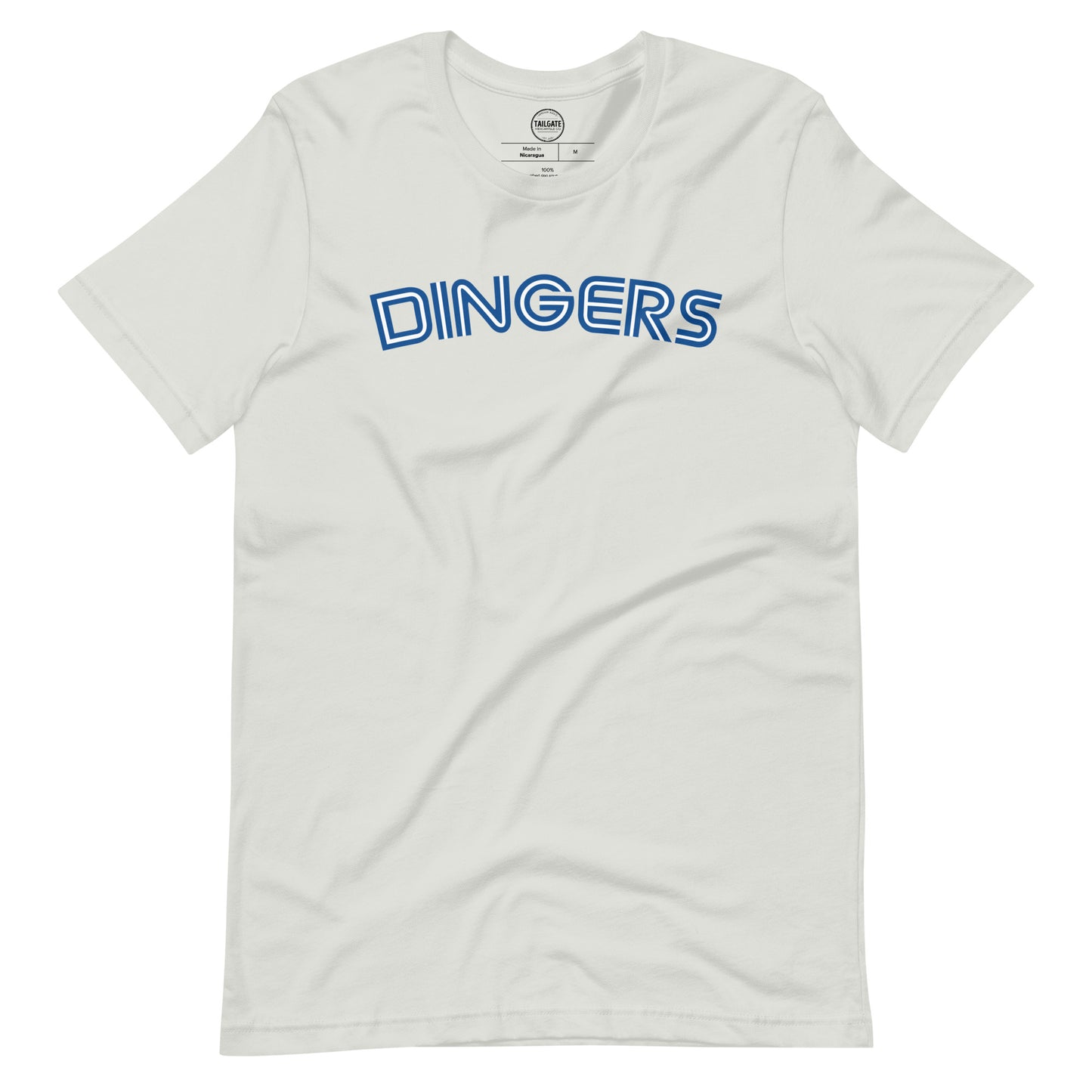 Image of silver t-shirt with design of "DINGERS" in Toronto Blue Jays retro blue style font located on centre chest. This design is exclusive to Tailgate Mercantile and available only online.