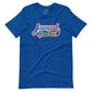 Image of royal blue t-shirt with design of "Juuuust a bit Outside" in white/red/yellow located on centre chest. Just a Bit Outside is an homage to the great baseball movie "Major League". This design is exclusive to Tailgate Mercantile and available only online.