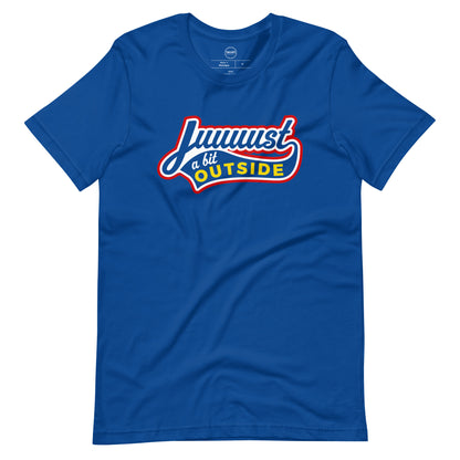 Image of royal blue t-shirt with design of "Juuuust a bit Outside" in white/red/yellow located on centre chest. Just a Bit Outside is an homage to the great baseball movie "Major League". This design is exclusive to Tailgate Mercantile and available only online.