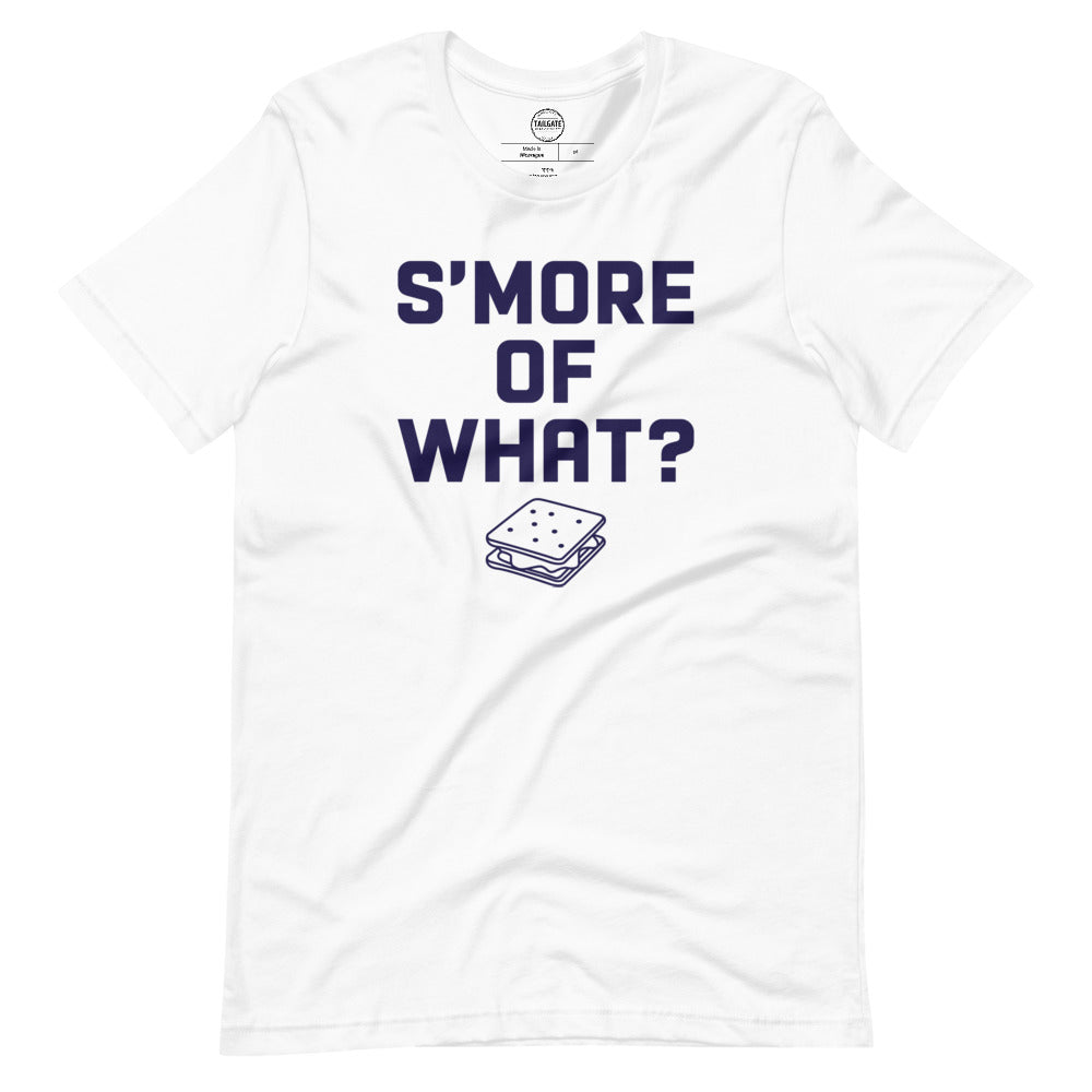 Image of a white t-shirt with design of "S'more of what?" in navy located on centre chest. FOR.EV.ER. is an homage to the great baseball movie "The Sandlot". This design is exclusive to Tailgate Mercantile and available only online.
