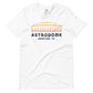 Image of white t-shirt with design of "Astrodome, Houston, TX" illustrated ballpark completed in retro Houston Astros tequila sunrise colours located on centre chest. This design is exclusive to Tailgate Mercantile and available only online.