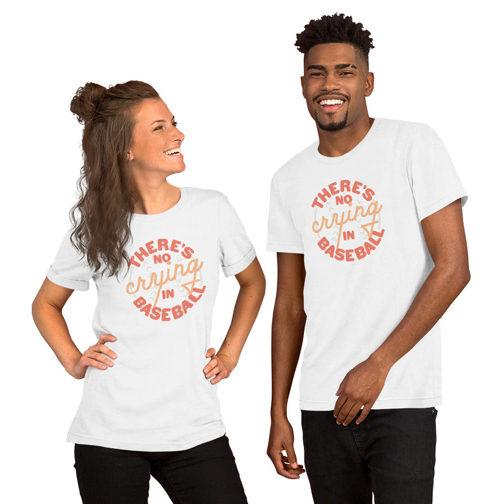 Image of young woman and young man white t-shirt with design of "There's No Crying in Baseball" in peach located on centre chest. There's No Crying in Baseball is an homage to the great AAGPBL women's baseball movie "A League of Their Own". This design is exclusive to Tailgate Mercantile and available only online.