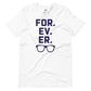 Image of a white t-shirt with design of "FOR.EV.ER." in navy located on centre chest. FOR.EV.ER. is an homage to the great baseball movie "The Sandlot". This design is exclusive to Tailgate Mercantile and available only online.