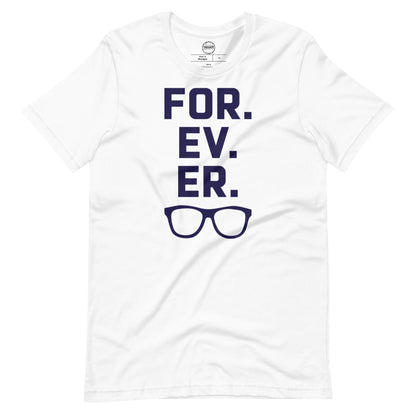 Image of a white t-shirt with design of "FOR.EV.ER." in navy located on centre chest. FOR.EV.ER. is an homage to the great baseball movie "The Sandlot". This design is exclusive to Tailgate Mercantile and available only online.