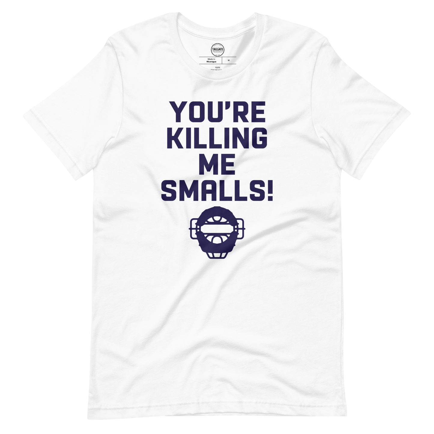 Image of a white t-shirt with design of "You're Killing Me Smalls!" in navy located on centre chest. FOR.EV.ER. is an homage to the great baseball movie "The Sandlot". This design is exclusive to Tailgate Mercantile and available only online.