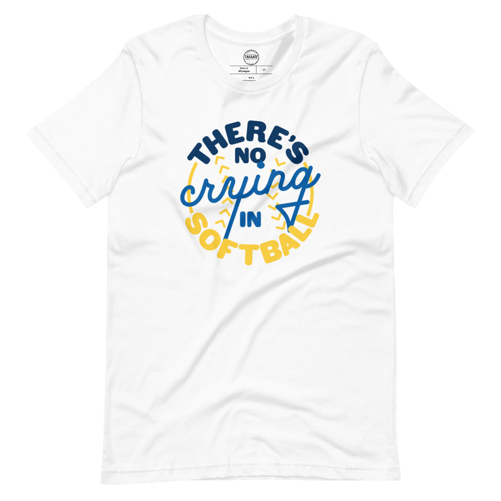 Image of white t-shirt with design of "There's No Crying in Softball" in blue/yellow located on centre chest. There's No Crying in Softball is an homage to the great AAGPBL women's baseball movie "A League of Their Own". This design is exclusive to Tailgate Mercantile and available only online.