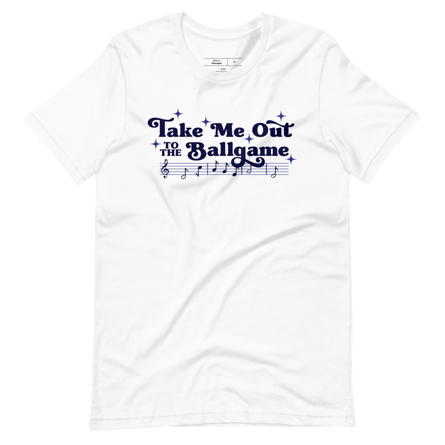 Image of white t-shirt with design of "Take Me Out to the Ballgame" with coordinating musical notes in navy located on centre chest. This design is exclusive to Tailgate Mercantile and available only online.