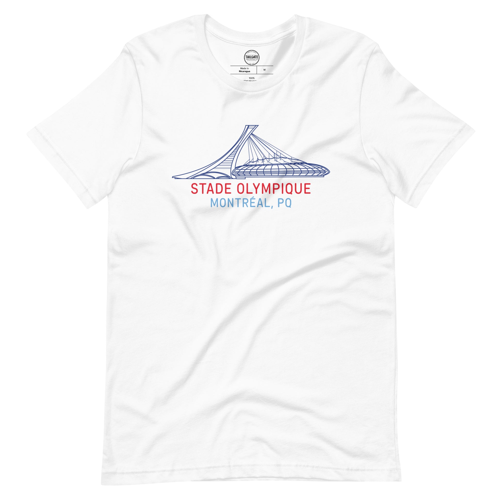 Image of white t-shirt with design of "Stade Olympique, Montreal, PQ" illustrated ballpark completed in retro Montreal Expos colours located on centre chest. This design is exclusive to Tailgate Mercantile and available only online.