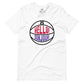 This image details the graphic design "Hello! Bonjour!". In the image, the words are built into a basketball and feature Chris Boucher's number 25. The Toronto Raptors' announcer, Jack Armstrong, loves to shout out Hello! Bonjour! when Chris Boucher does something exciting on the court. The tee is white and the design is black/red/purple similar to the Toronto Raptors retro colours. This item is exclusive to tailgate mercantile and is available only online.